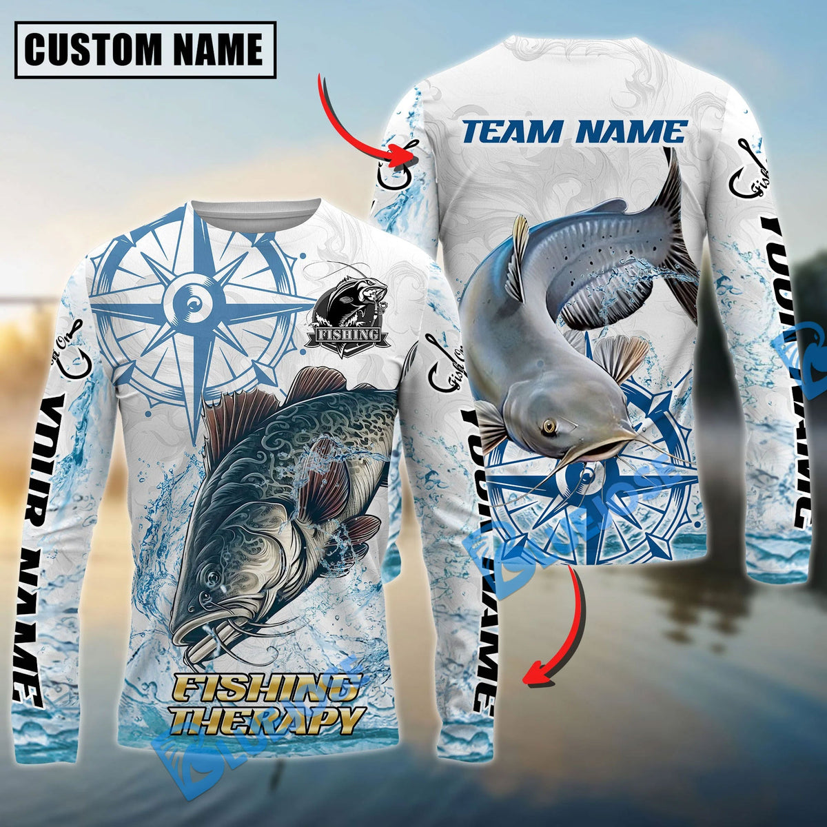 Bluejose Catfish Fishing Compass Navigation Style Custom Name &amp; Team Name 3D Shirts