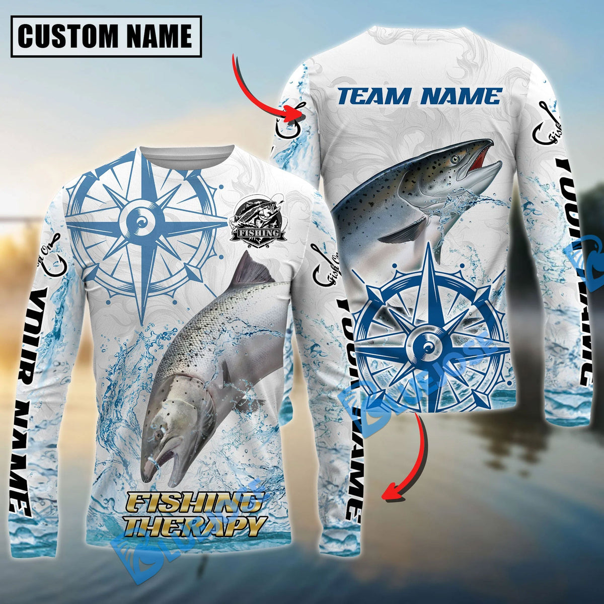 Bluejose Chinook Salmon Fishing Compass Navigation Style Custom Name &amp; Team Name 3D Shirts
