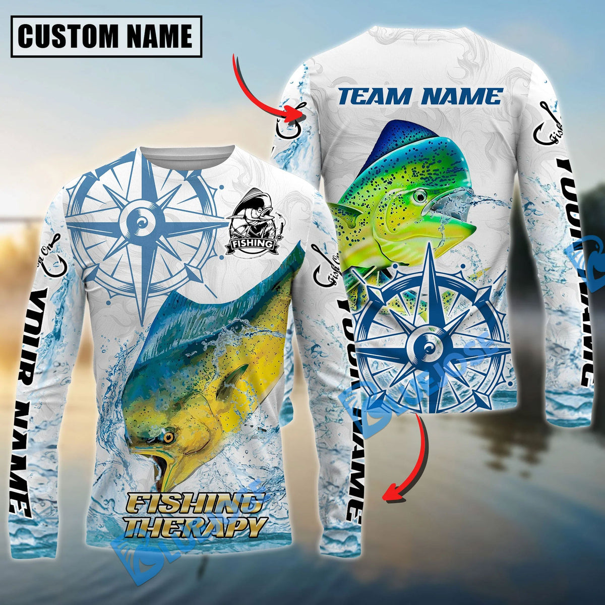 Bluejose Mahi-Mahi Fishing Compass Navigation Style Custom Name &amp; Team Name 3D Shirts