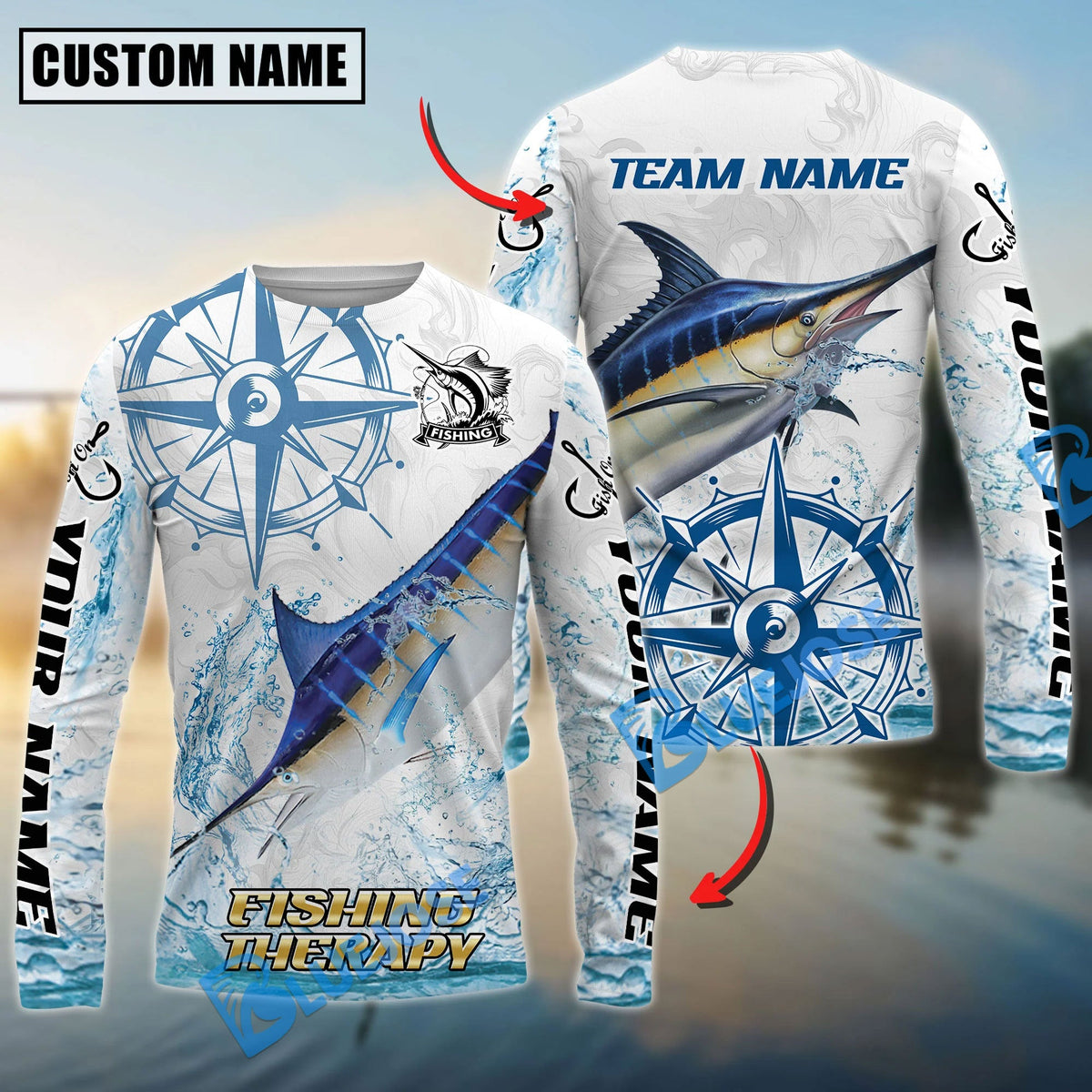 Bluejose Marlin Fishing Compass Navigation Style Custom Name &amp; Team Name 3D Shirts