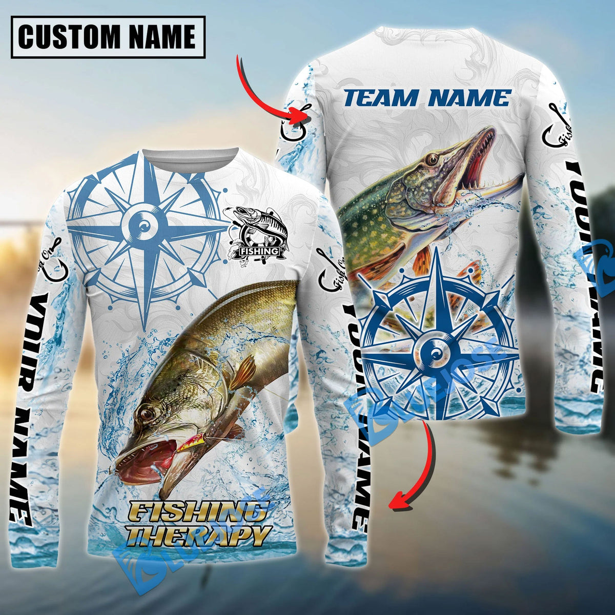 Bluejose Pike Fishing Compass Navigation Style Custom Name &amp; Team Name 3D Shirts