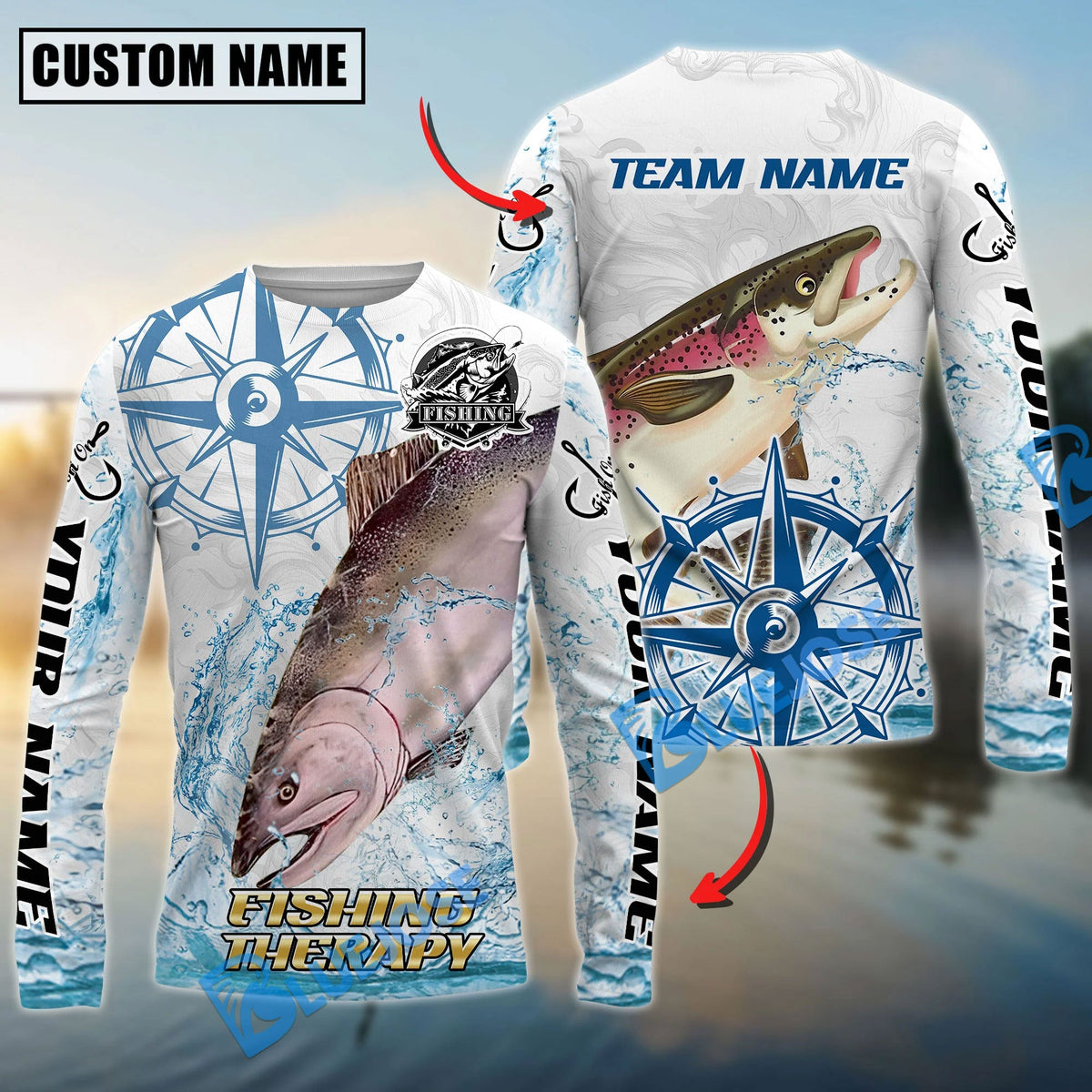 Bluejose Salmon Fishing Compass Navigation Style Custom Name &amp; Team Name 3D Shirts