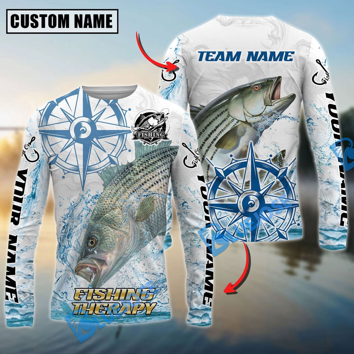 Bluejose Striped Bass Fishing Compass Navigation Style Custom Name &amp; Team Name 3D Shirts