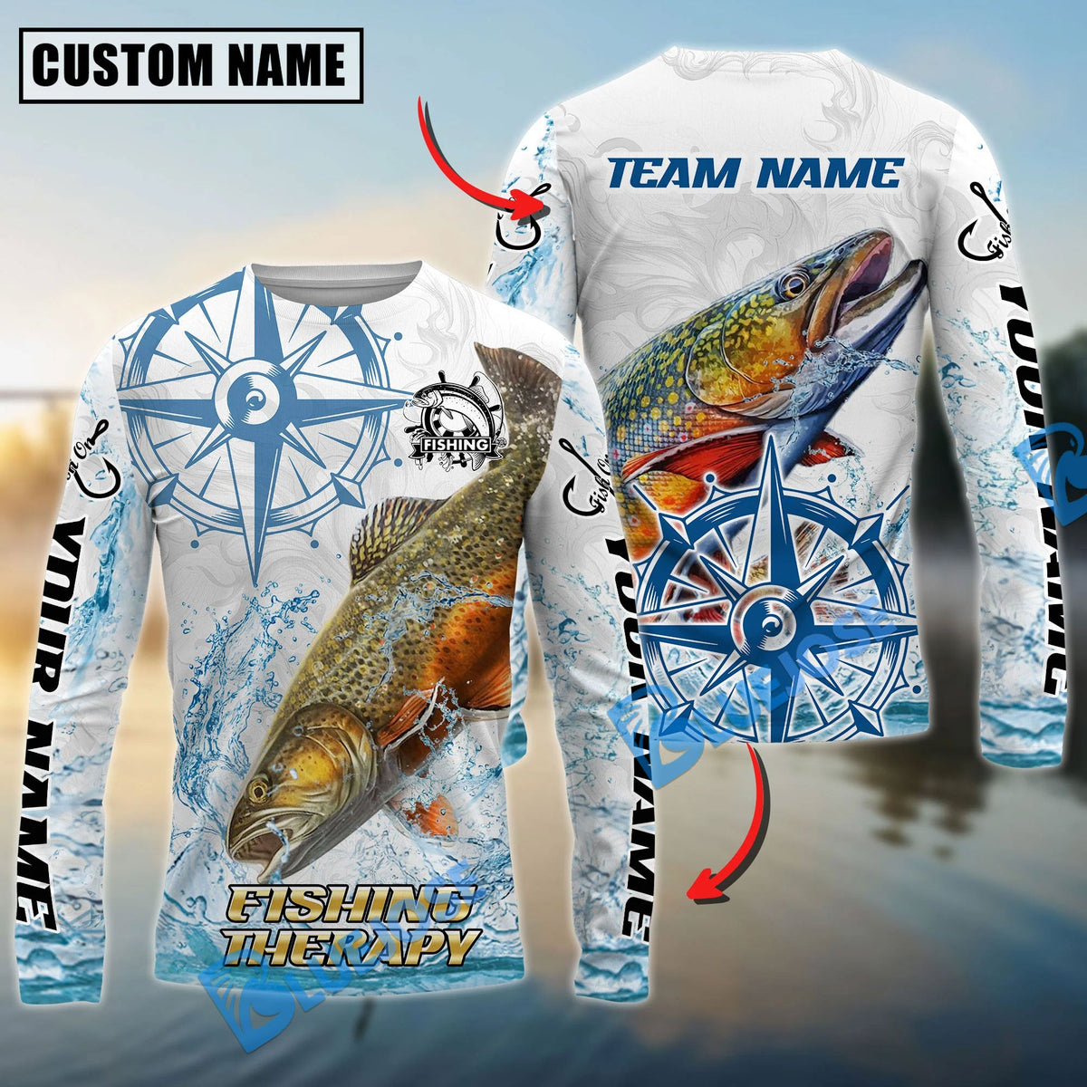 Bluejose Trout Fishing Compass Navigation Style Custom Name &amp; Team Name 3D Shirts