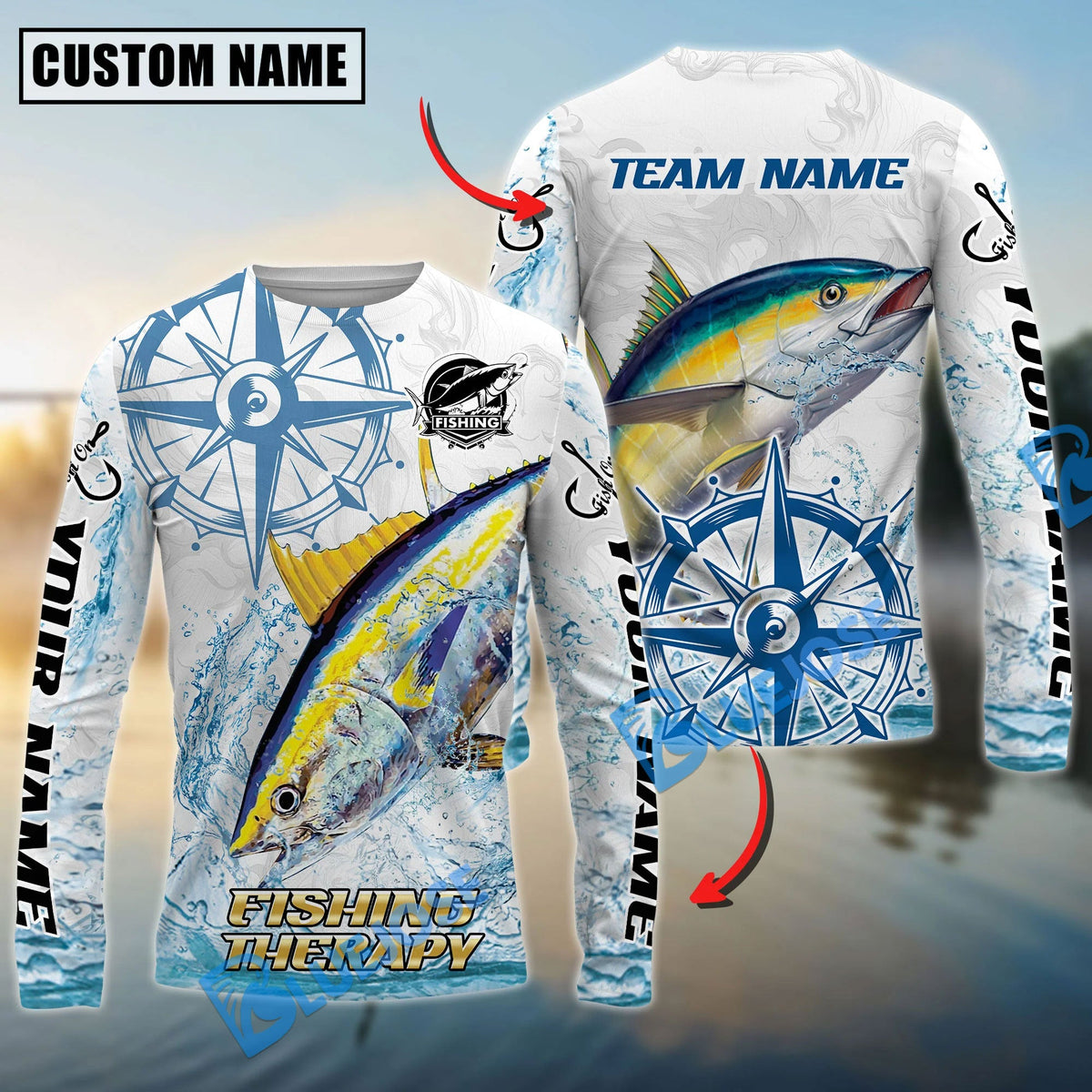 Bluejose Tuna Fishing Compass Navigation Style Custom Name &amp; Team Name 3D Shirts