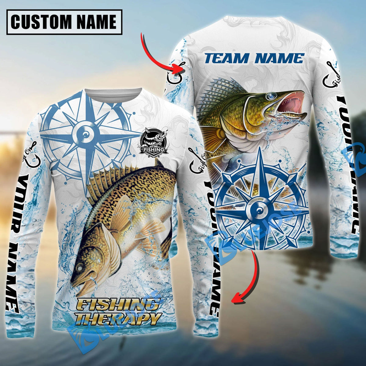 Bluejose Walleye Fishing Compass Navigation Style Custom Name &amp; Team Name 3D Shirts