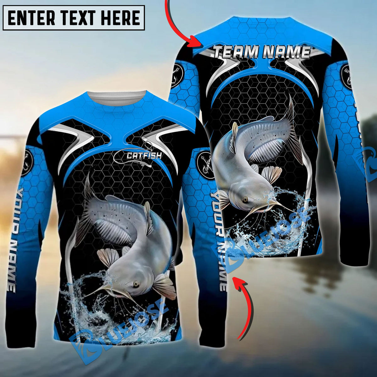 Bluejose Catfish Fishing Deep Blue Hexagon Sport Design Custom Name &amp; Team Name 3D Shirts