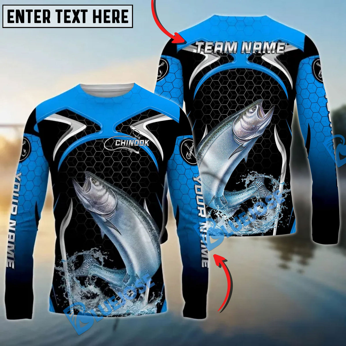 Bluejose Chinook Fishing Deep Blue Hexagon Sport Design Custom Name &amp; Team Name 3D Shirts
