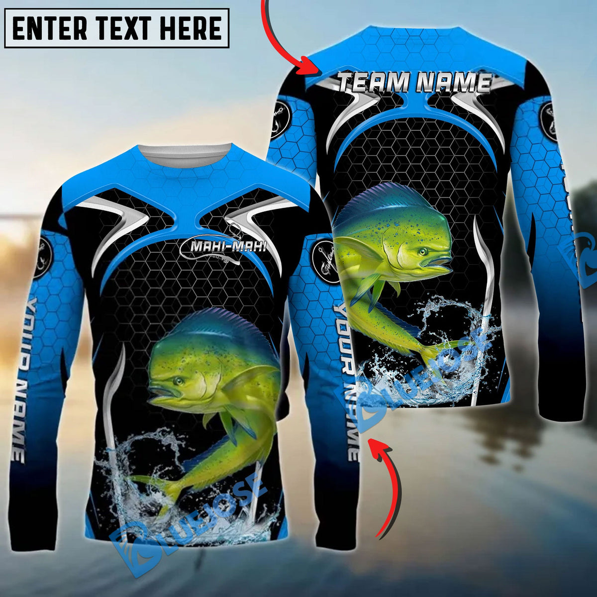 Bluejose Mahi-Mahi Fishing Deep Blue Hexagon Sport Design Custom Name &amp; Team Name 3D Shirts