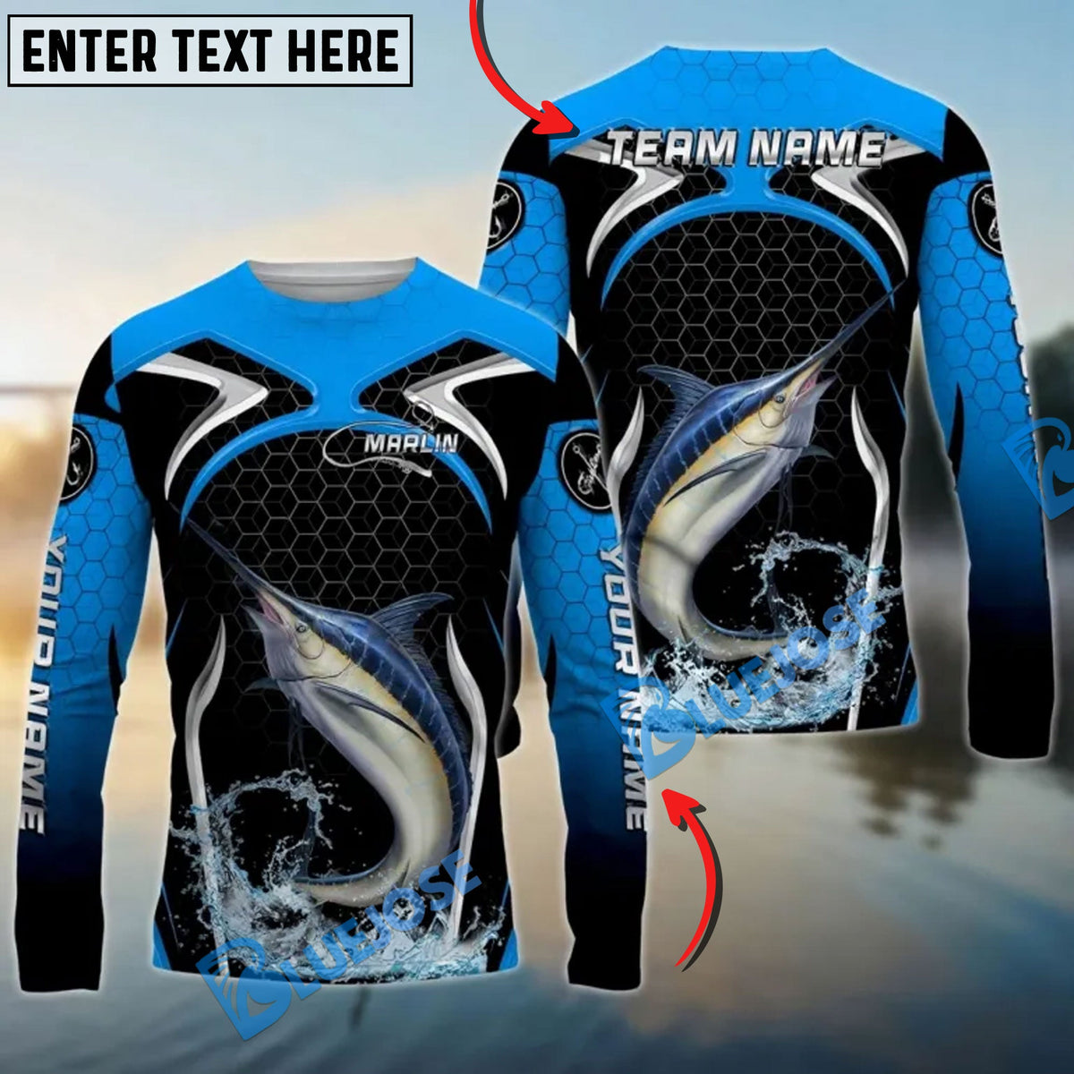 Bluejose Marlin Fishing Deep Blue Hexagon Sport Design Custom Name &amp; Team Name 3D Shirts