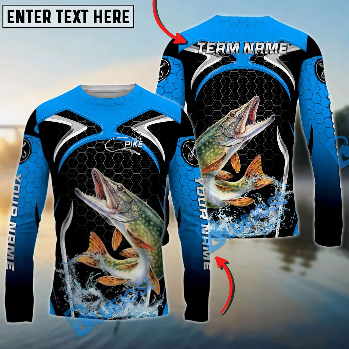 Bluejose Pike Fishing Deep Blue Hexagon Sport Design Custom Name &amp; Team Name 3D Shirts