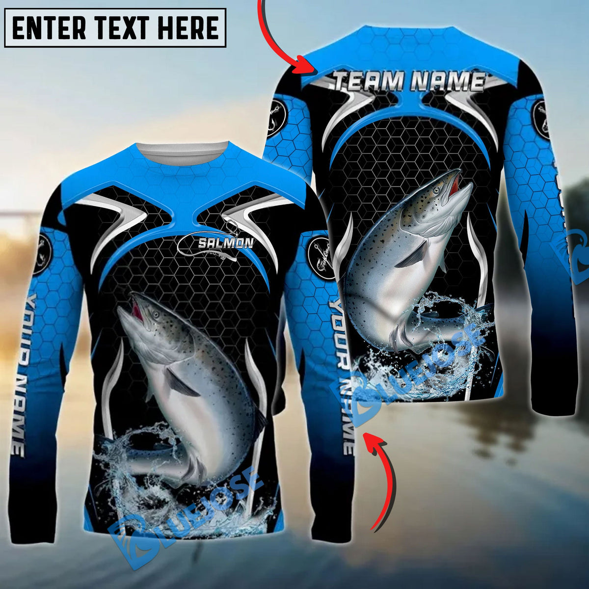 Bluejose Salmon Fishing Deep Blue Hexagon Sport Design Custom Name &amp; Team Name 3D Shirts