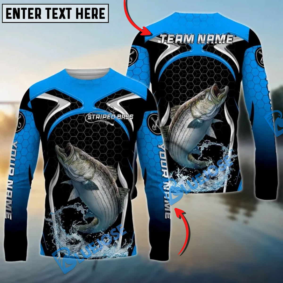 Bluejose Striped Bass Fishing Deep Blue Hexagon Sport Design Custom Name &amp; Team Name 3D Shirts
