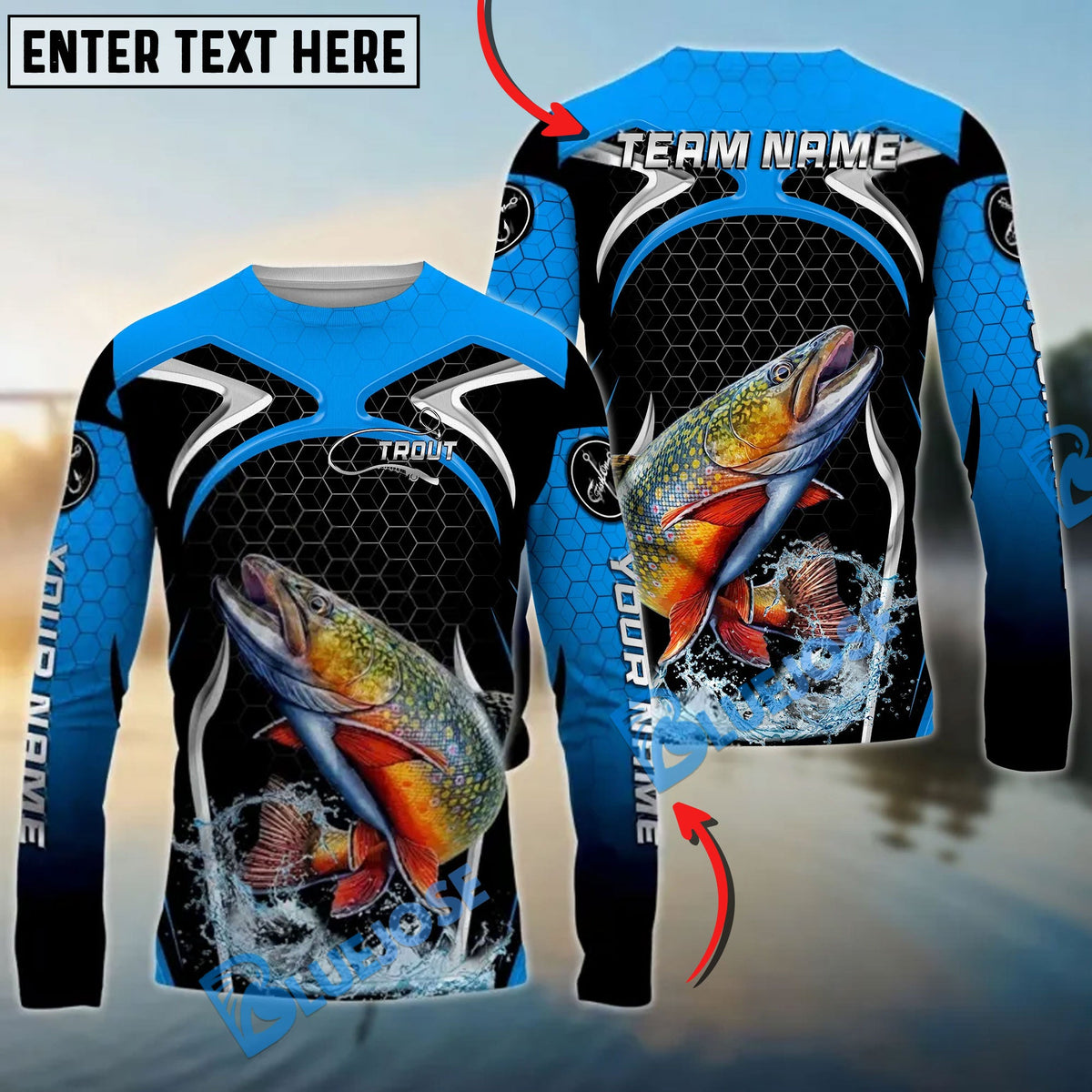 Bluejose Trout Fishing Deep Blue Hexagon Sport Design Custom Name &amp; Team Name 3D Shirts