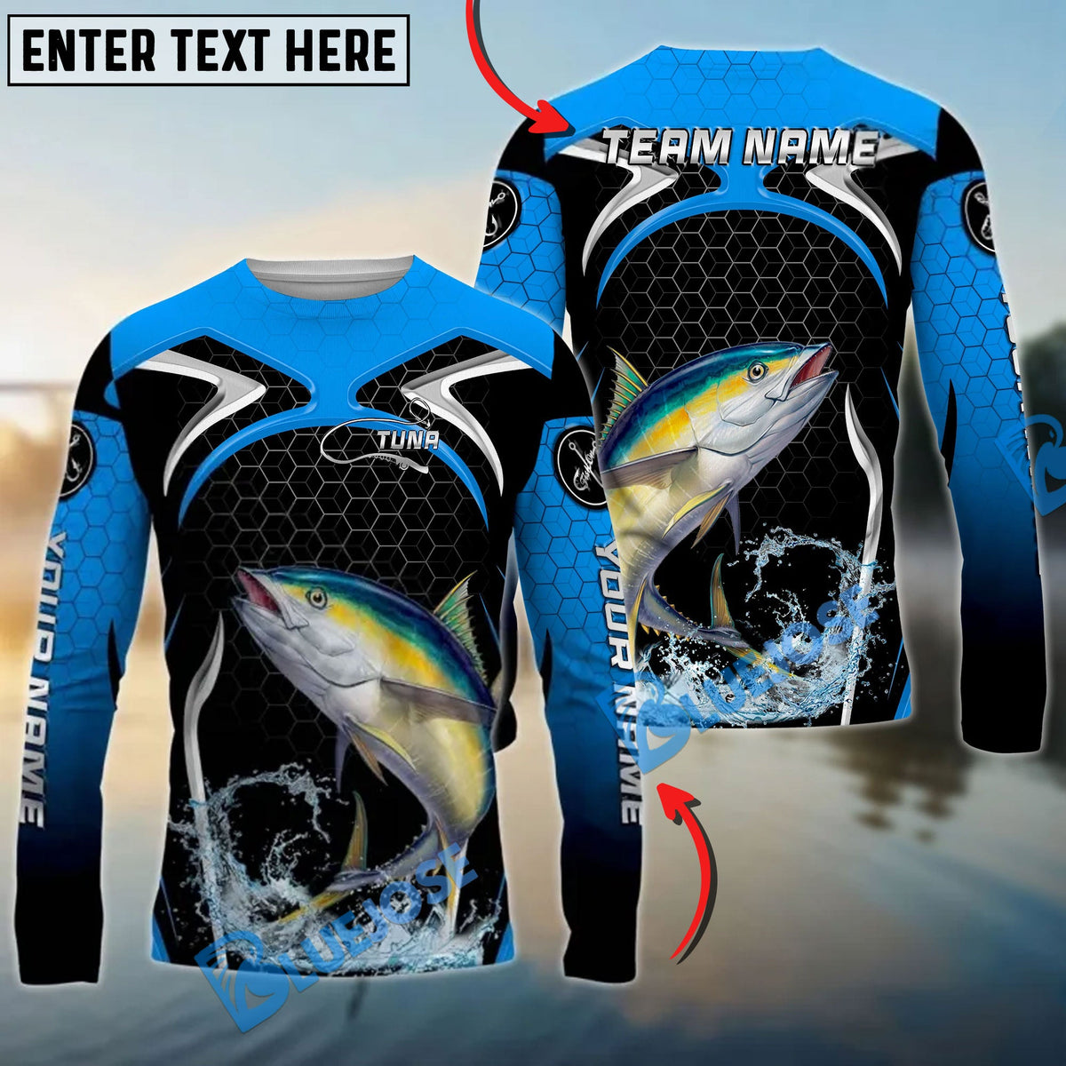 Bluejose Tuna Fishing Deep Blue Hexagon Sport Design Custom Name &amp; Team Name 3D Shirts