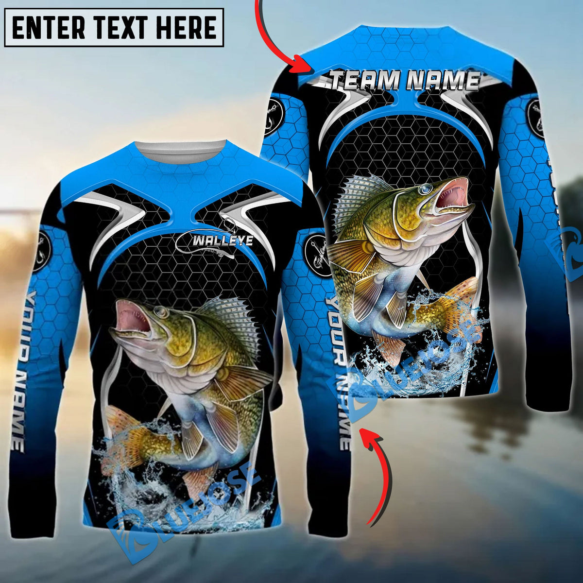Bluejose Walleye Fishing Deep Blue Hexagon Sport Design Custom Name &amp; Team Name 3D Shirts