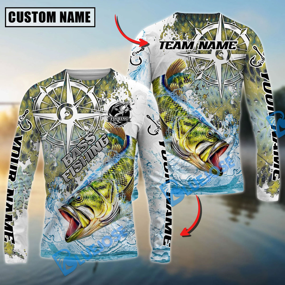Bluejose Bass Fishing Scale Pattern Splash Art Custom Name &amp; Team Name 3D Shirts