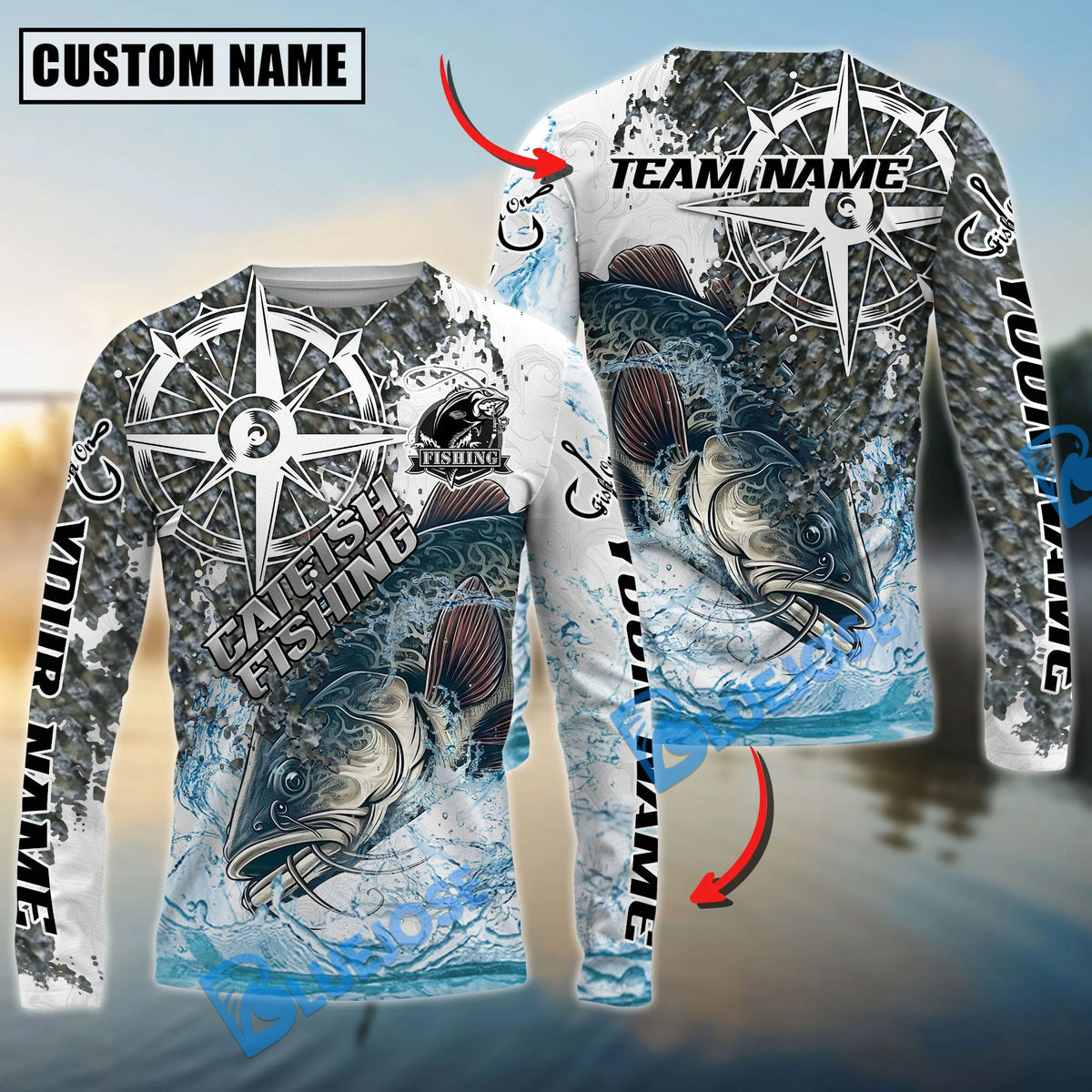 Bluejose Catfish Fishing Scale Pattern Splash Art Custom Name &amp; Team Name 3D Shirts