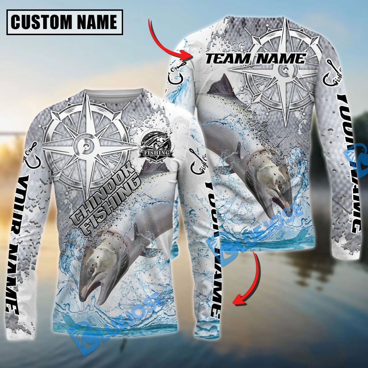 Bluejose Chinook Fishing Scale Pattern Splash Art Custom Name &amp; Team Name 3D Shirts