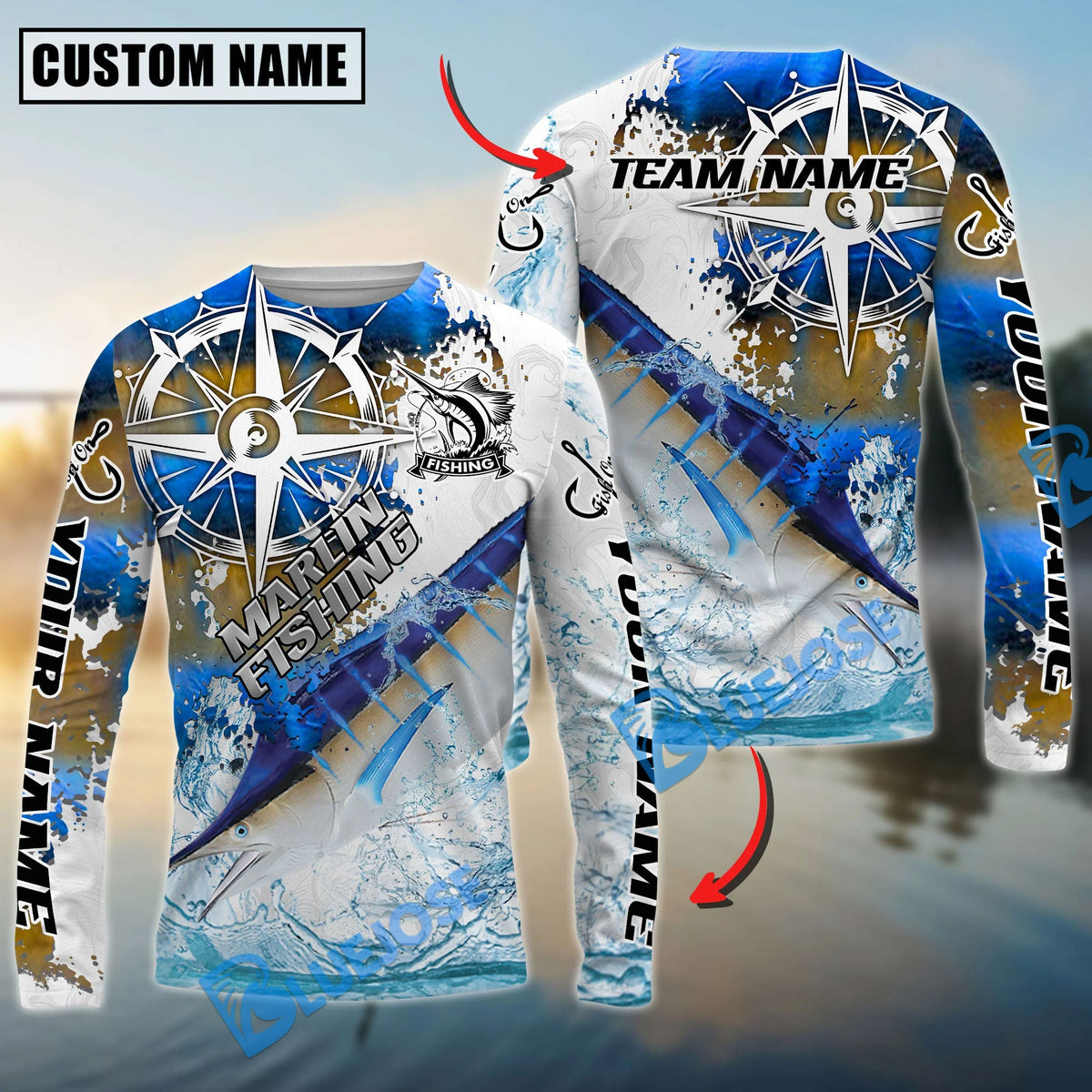 Bluejose Marlin Fishing Scale Pattern Splash Art Custom Name &amp; Team Name 3D Shirts