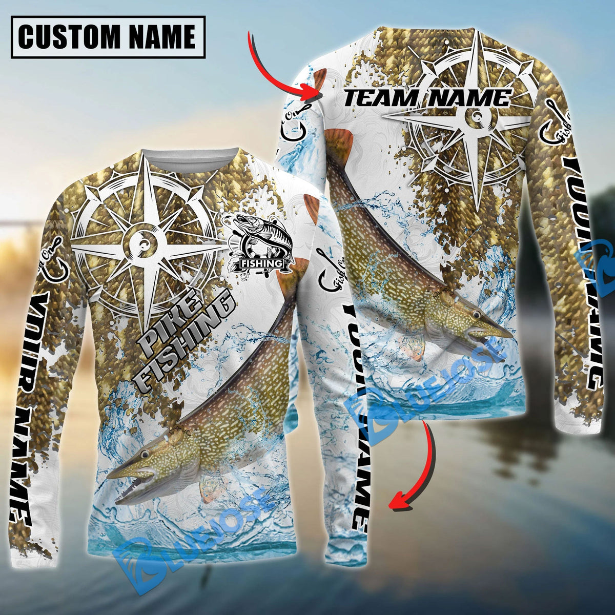 Bluejose Pike Fishing Scale Pattern Splash Art Custom Name &amp; Team Name 3D Shirts