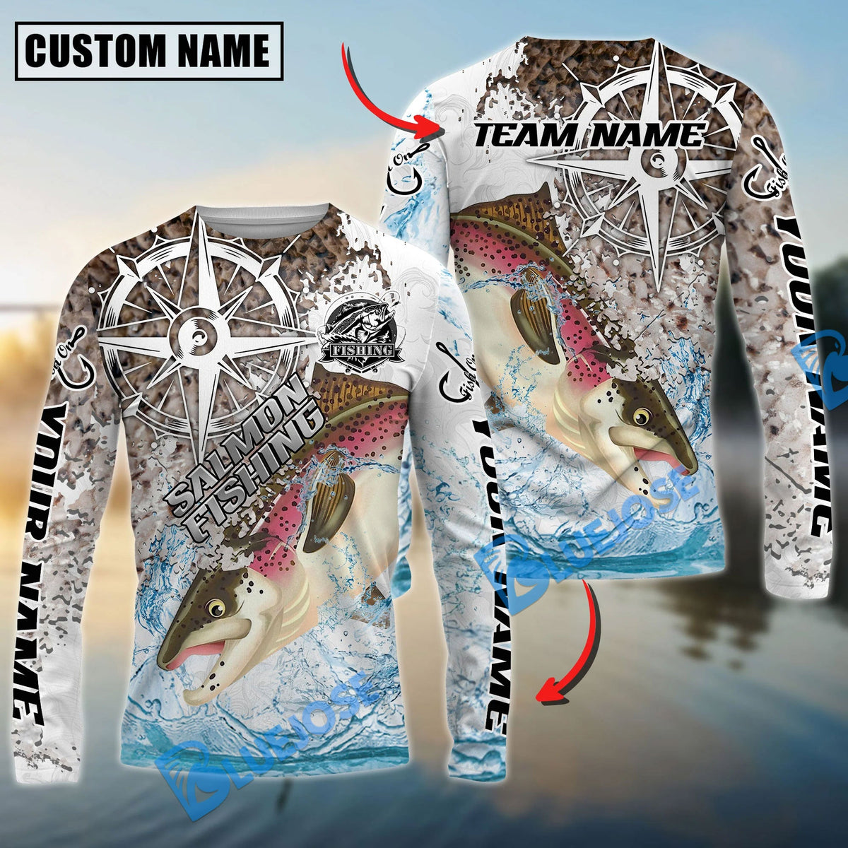 Bluejose Salmon Fishing Scale Pattern Splash Art Custom Name &amp; Team Name 3D Shirts