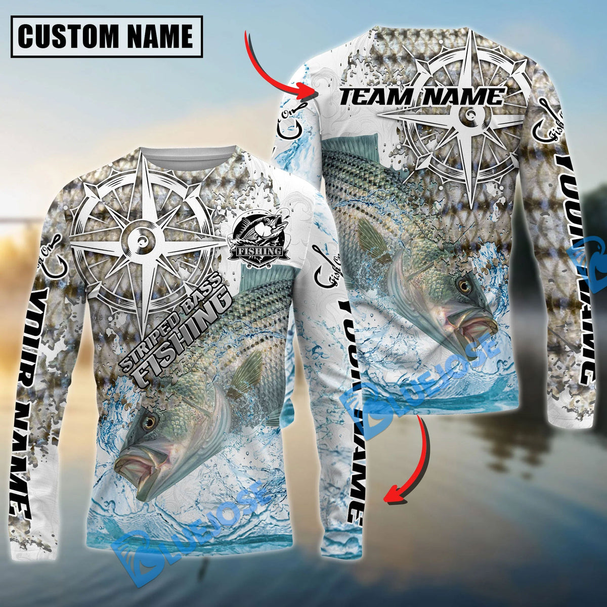 Bluejose Striped Bass Fishing Scale Pattern Splash Art Custom Name &amp; Team Name 3D Shirts