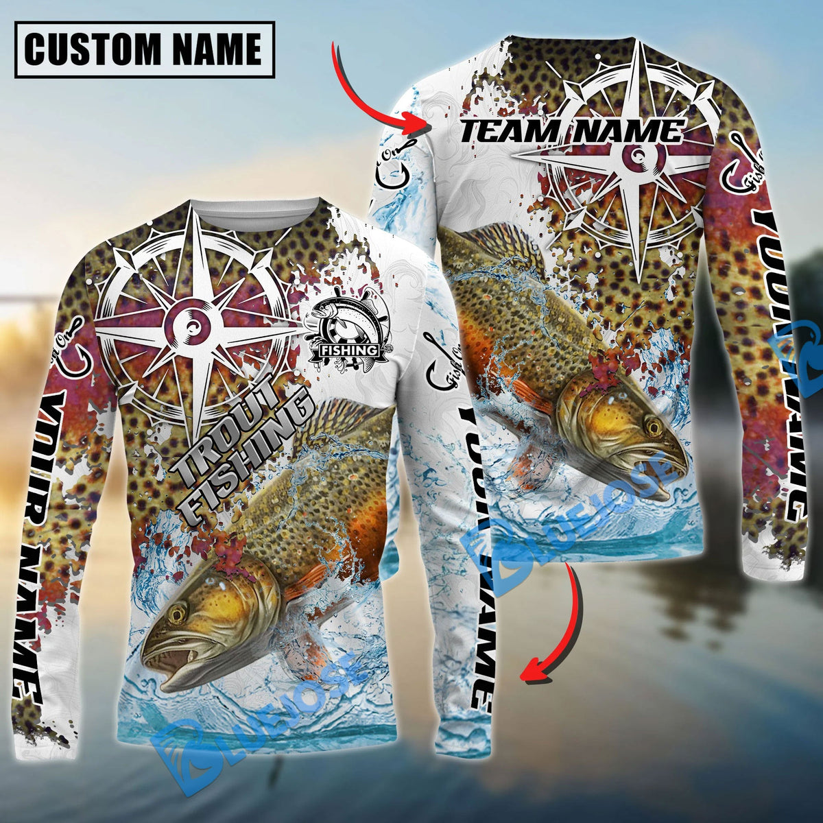 Bluejose Trout Fishing Scale Pattern Splash Art Custom Name &amp; Team Name 3D Shirts