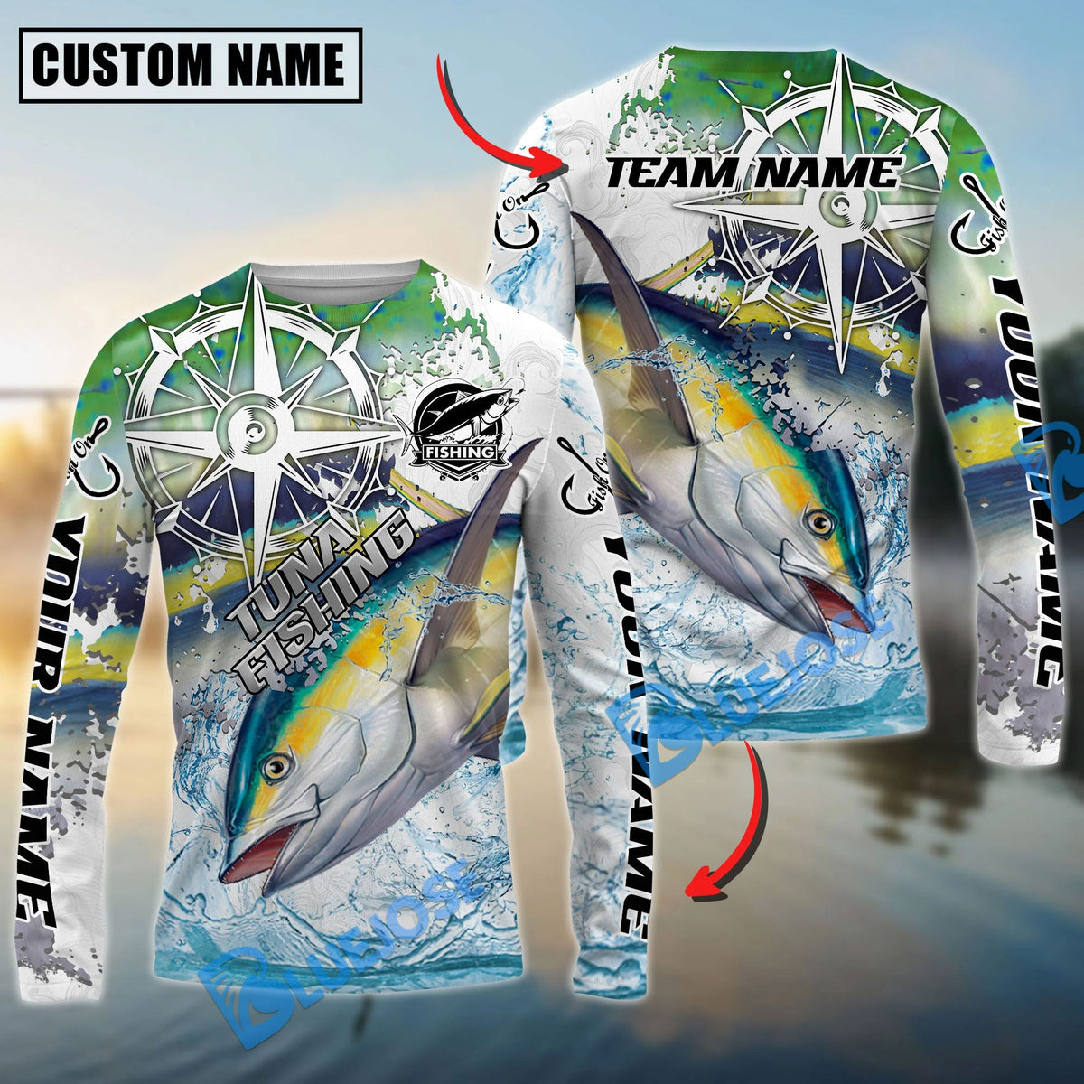 Bluejose Tuna Fishing Scale Pattern Splash Art Custom Name &amp; Team Name 3D Shirts