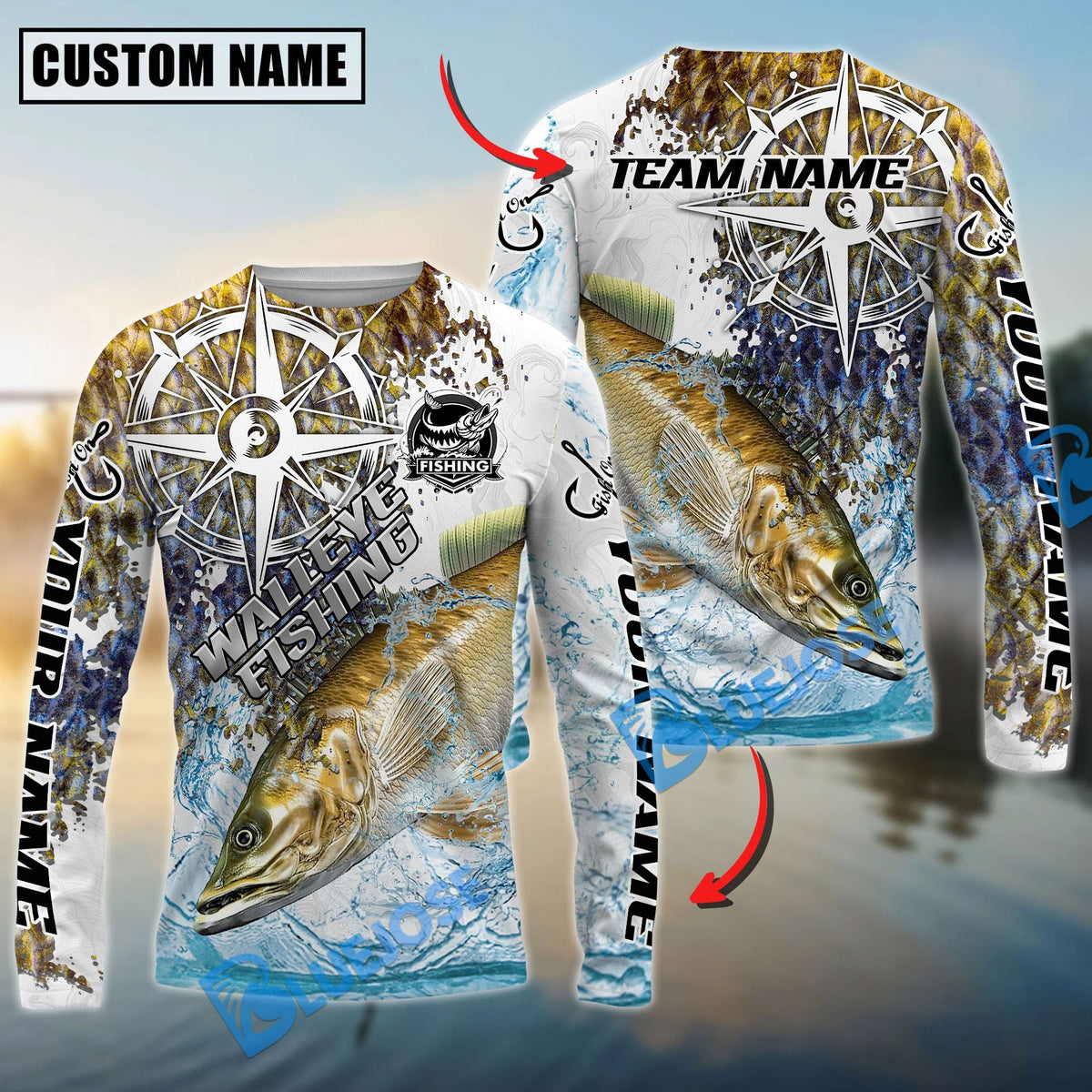 Bluejose Walleye Fishing Scale Pattern Splash Art Custom Name &amp; Team Name 3D Shirts