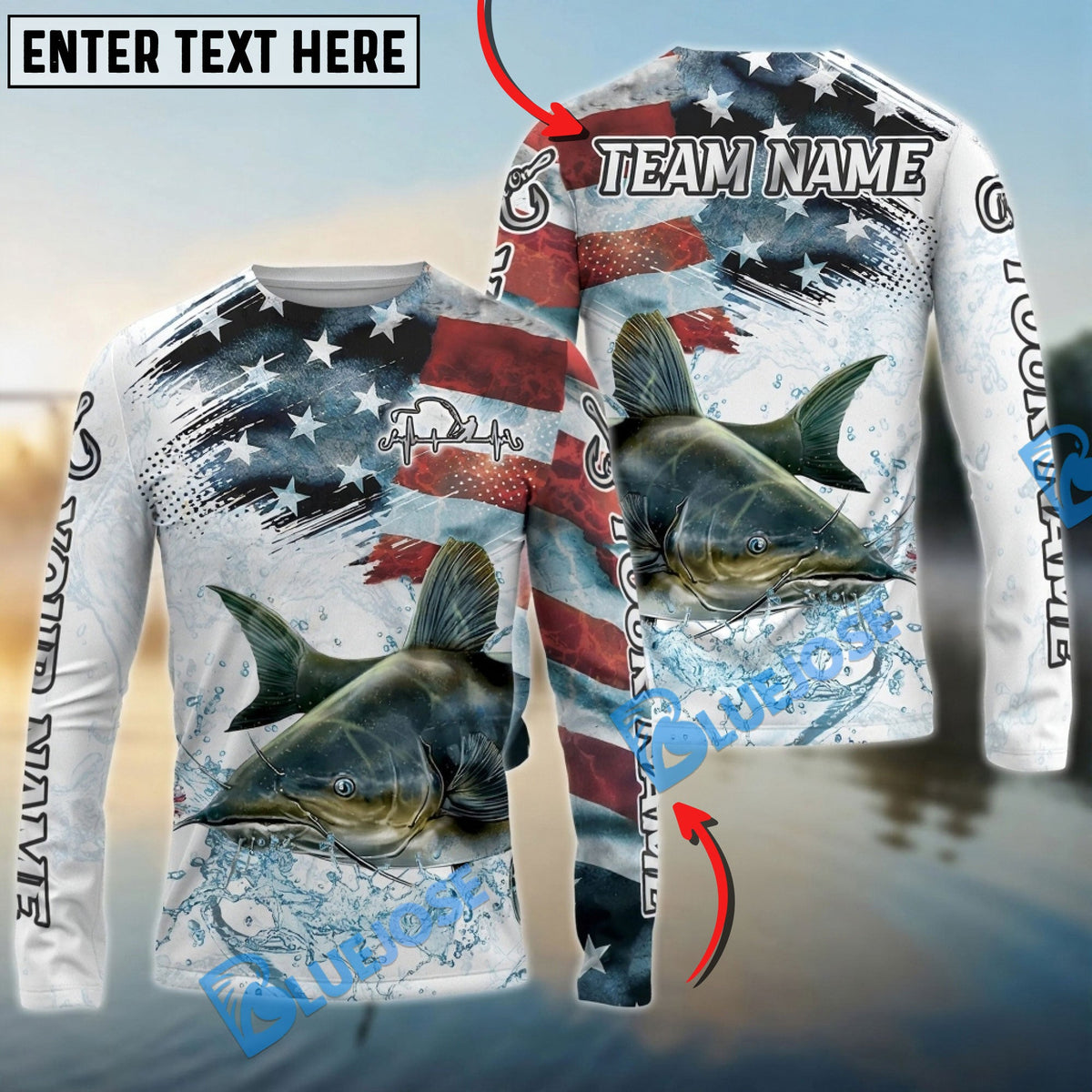 Bluejose Catfish Fishing Patriotic Water Splash Theme Custom Name &amp; Team Name 3D Shirts