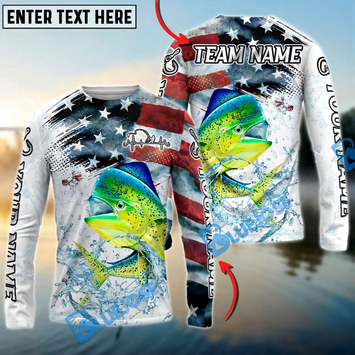 Bluejose Mahi-Mahi Fishing Patriotic Water Splash Theme Custom Name &amp; Team Name 3D Shirts