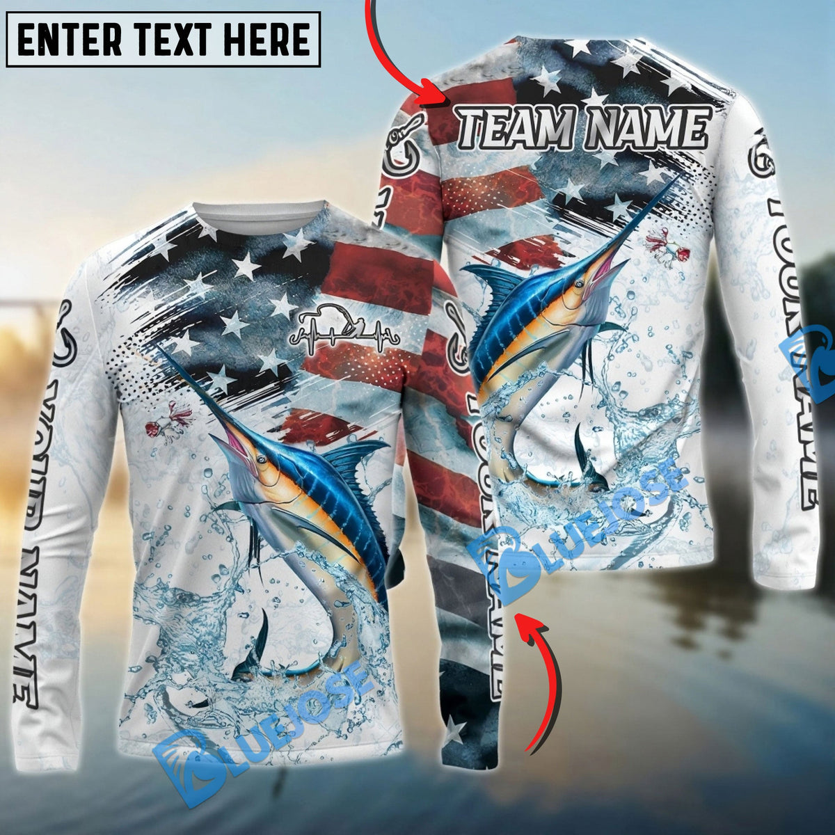 Bluejose Marlin Fishing Patriotic Water Splash Theme Custom Name &amp; Team Name 3D Shirts