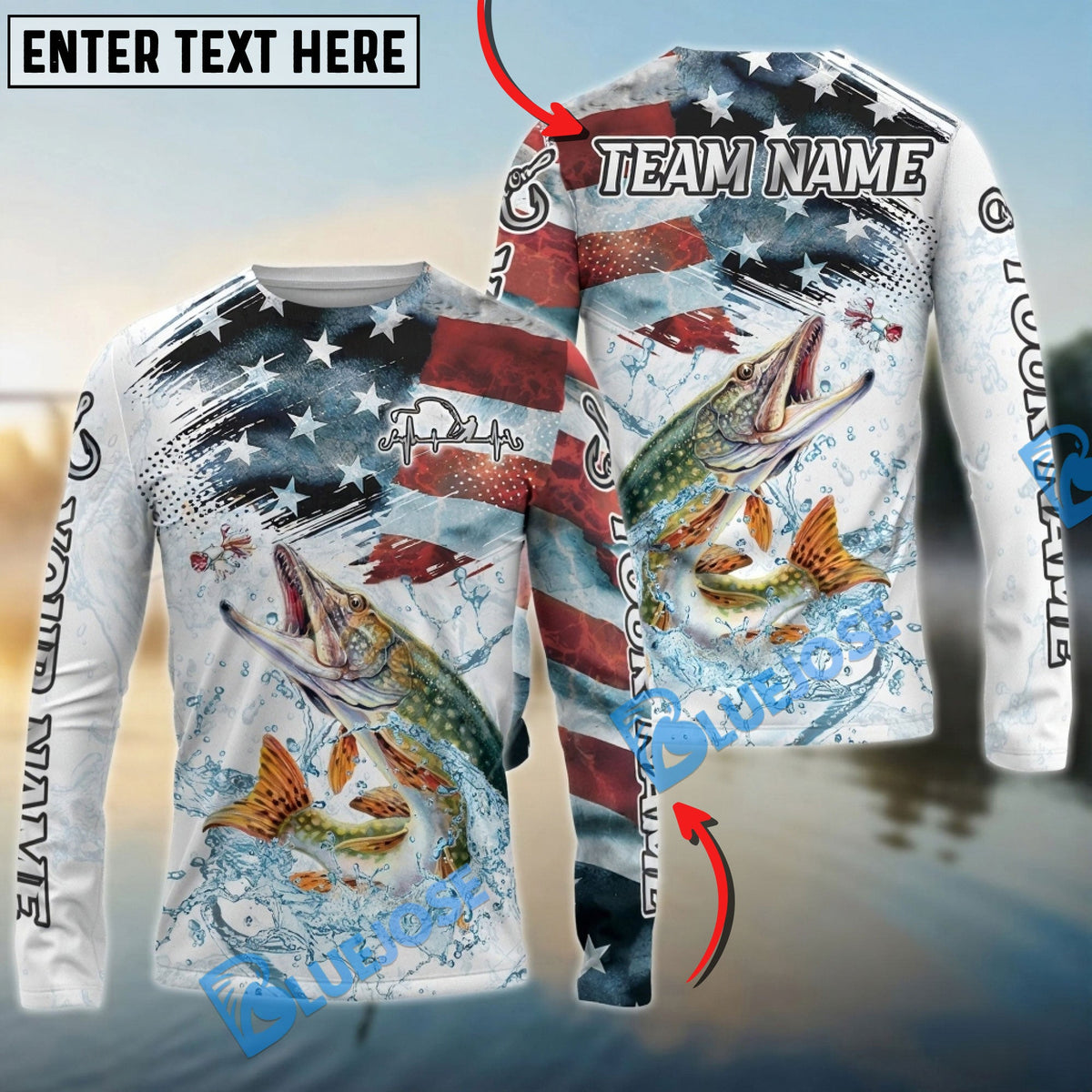 Bluejose Pike Fishing Patriotic Water Splash Theme Custom Name &amp; Team Name 3D Shirts