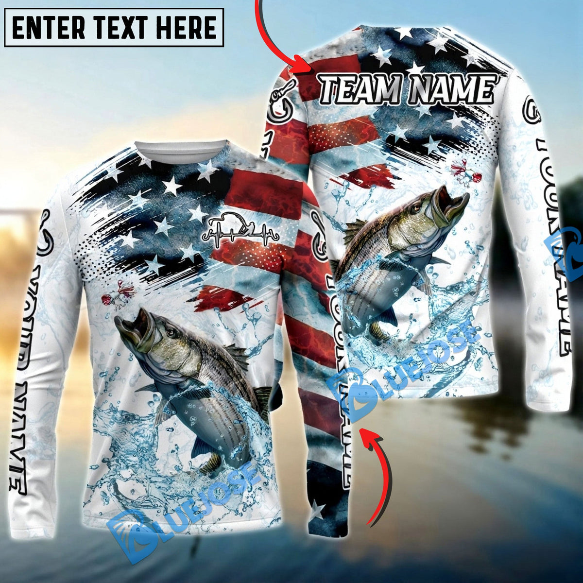 Bluejose Striped Bass Fishing Patriotic Water Splash Theme Custom Name &amp; Team Name 3D Shirts