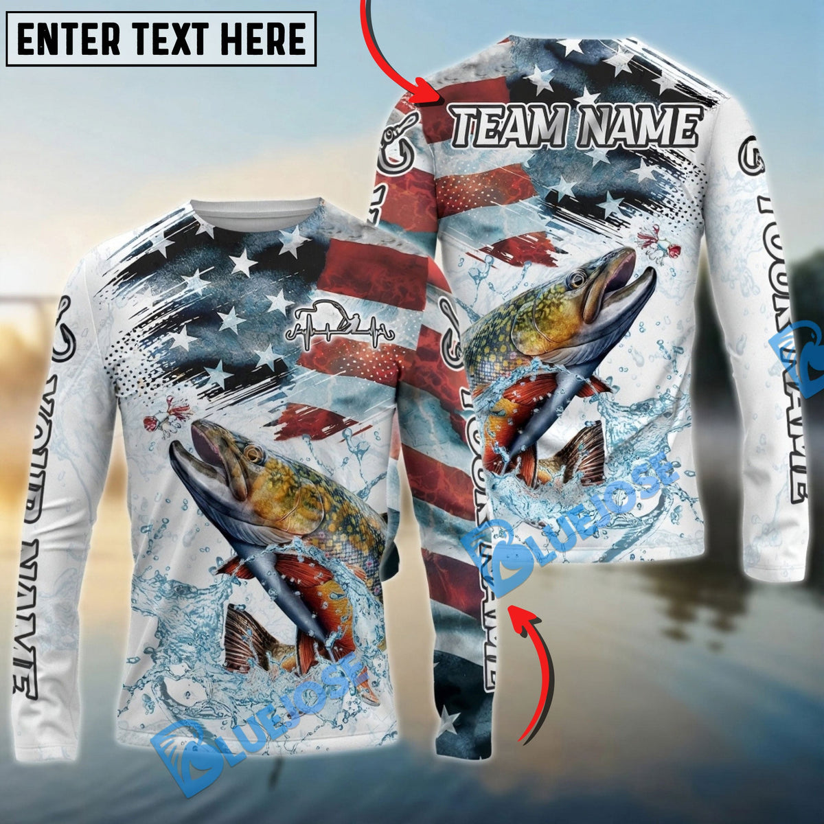 Bluejose Trout Fishing Patriotic Water Splash Theme Custom Name &amp; Team Name 3D Shirts