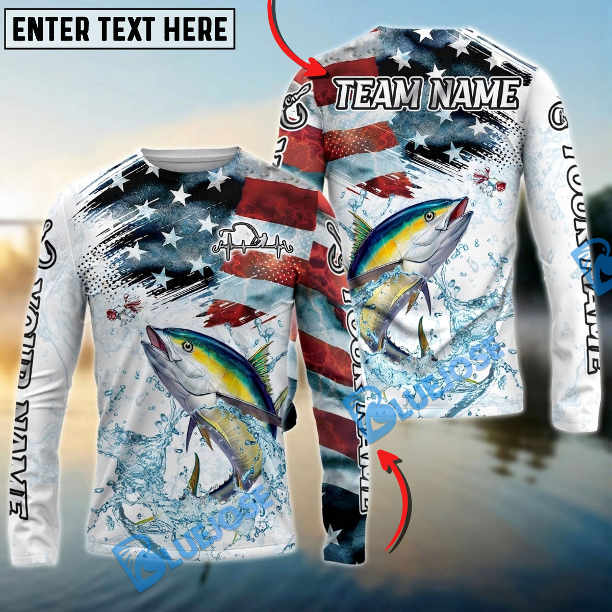 Bluejose Tuna Fishing Patriotic Water Splash Theme Custom Name &amp; Team Name 3D Shirts