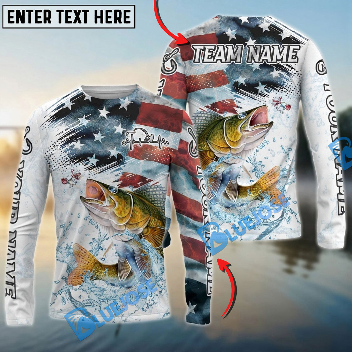 Bluejose Walleye Fishing Patriotic Water Splash Theme Custom Name &amp; Team Name 3D Shirts