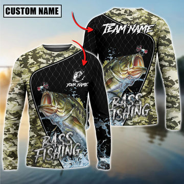 Bluejose Bass Fishing Camo Grid Water Pattern Custom Name & Team Name 3D Shirts
