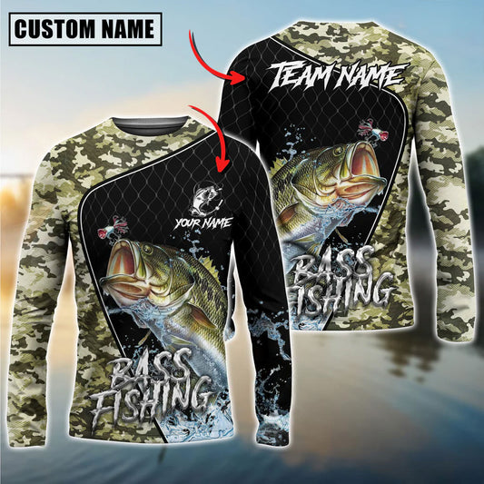 Bluejose Bass Fishing Camo Grid Water Pattern Custom Name & Team Name 3D Shirts