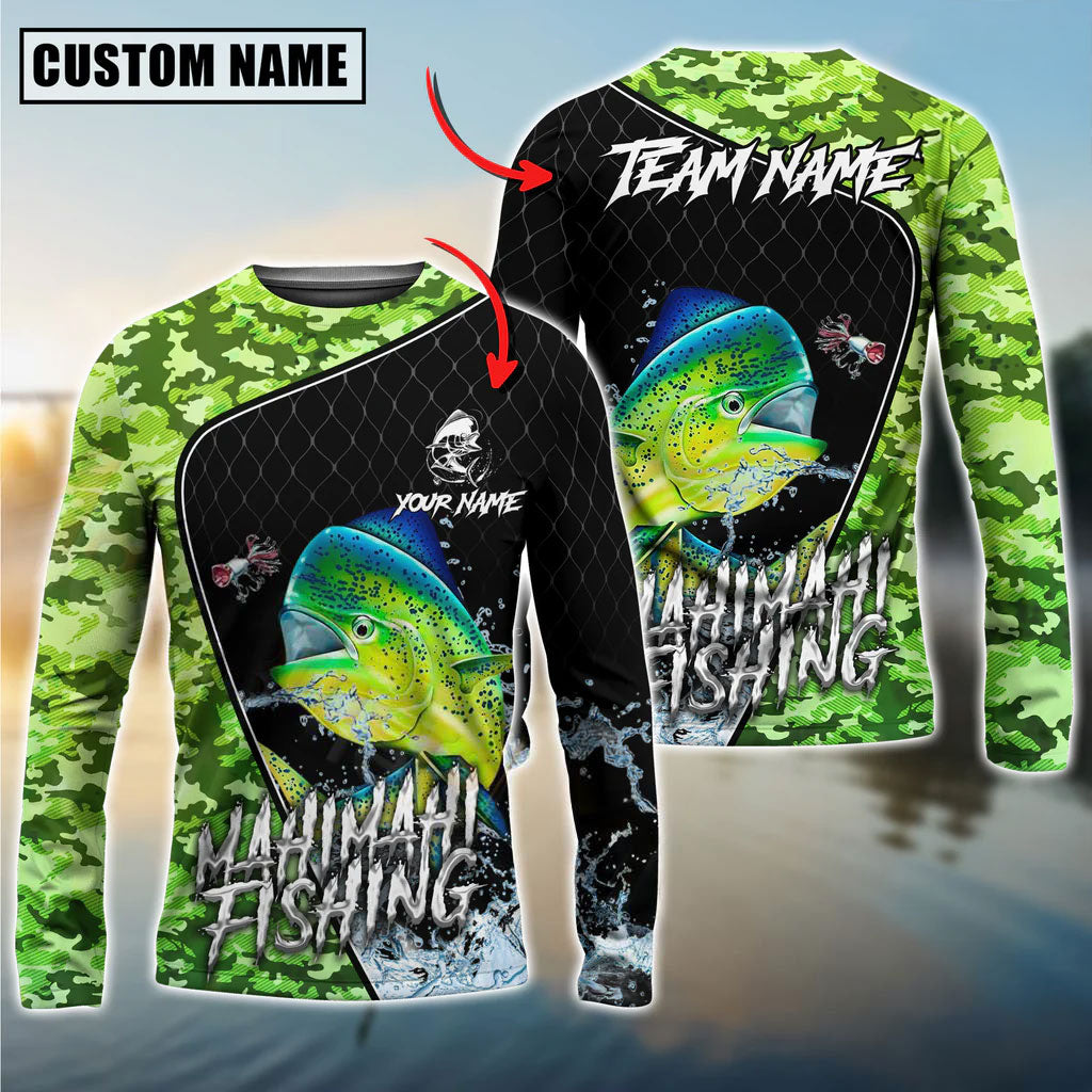Bluejose Mahi Mahi Fishing Camo Grid Water Pattern Graphic Custom Name &amp; Team Name 3D Shirts