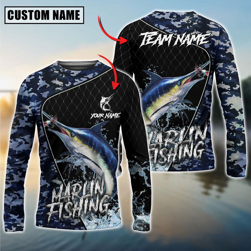 Bluejose Marlin Fishing Camo Grid Water Pattern Graphic Custom Name &amp; Team Name 3D Shirts