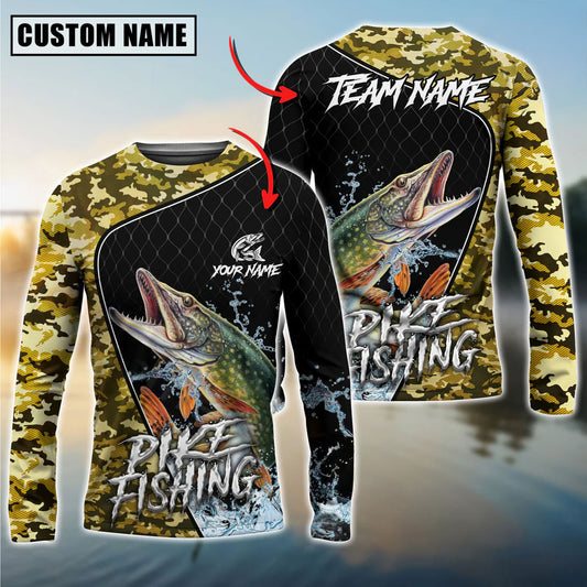 Bluejose Pike Fishing Camo Grid Water Pattern Graphic Custom Name & Team Name 3D Shirts