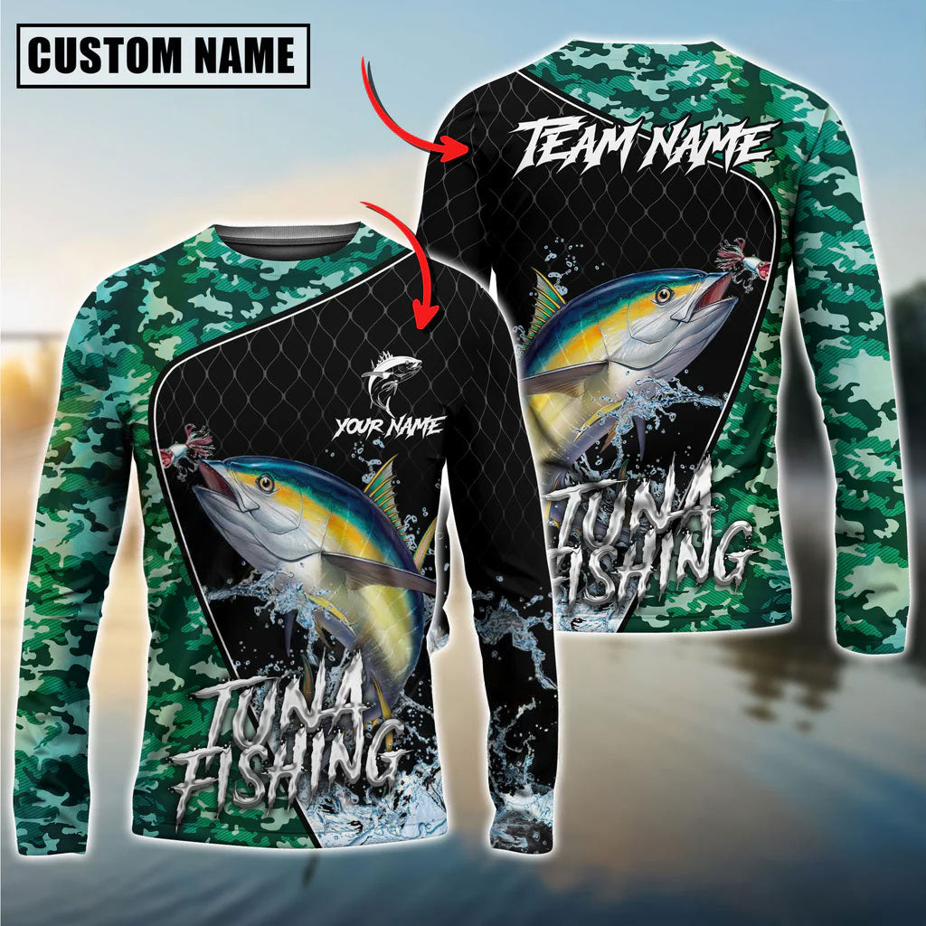 Bluejose Tuna Fishing Camo Grid Water Pattern Custom Name &amp; Team Name 3D Shirts