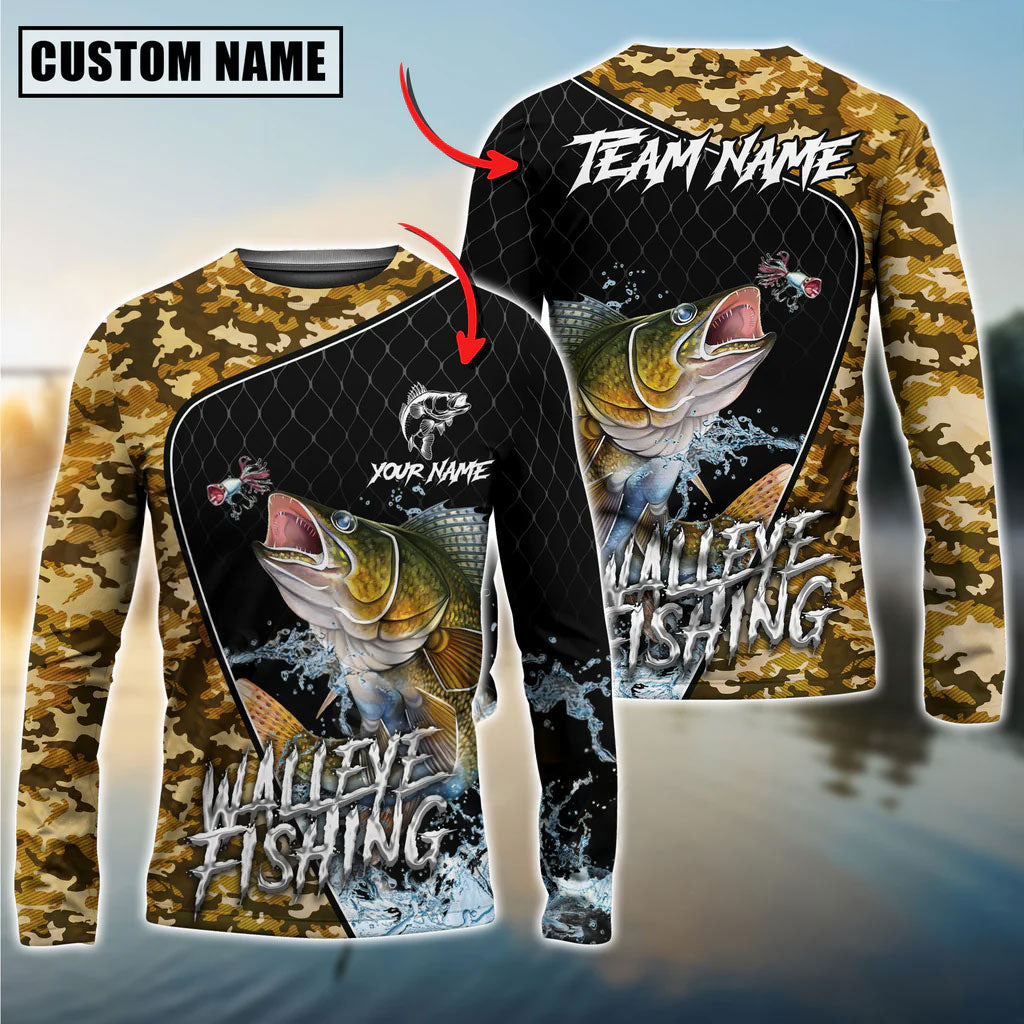 Bluejose Walleye Fishing Camo Grid Water Pattern Custom Name &amp; Team Name 3D Shirts