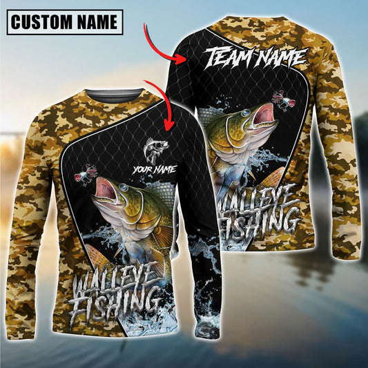Bluejose Walleye Fishing Camo Grid Water Pattern Custom Name & Team Name 3D Shirts