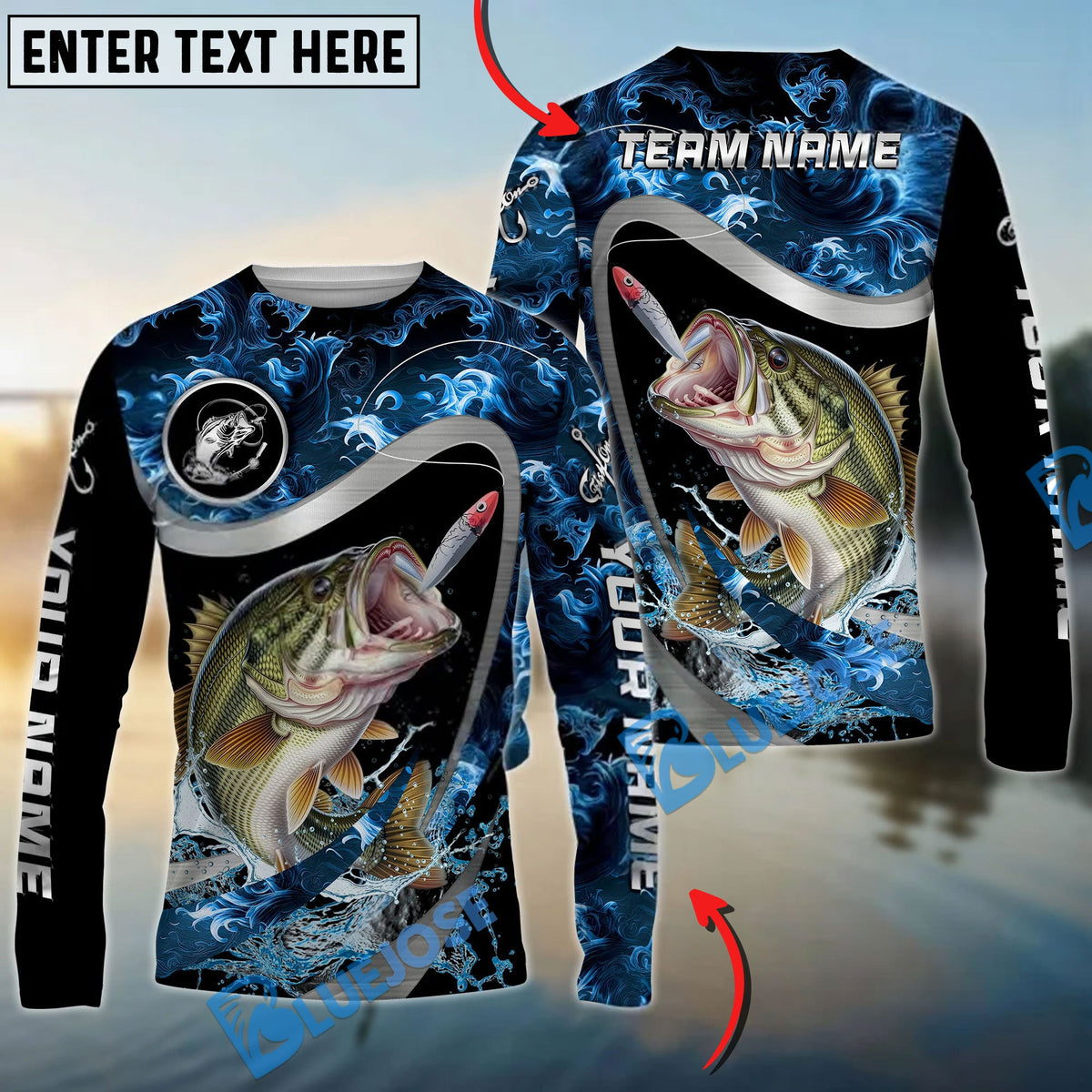 Bluejose Bass Fishing Ocean Wave Predator Custom Name &amp; Team Name 3D Shirts