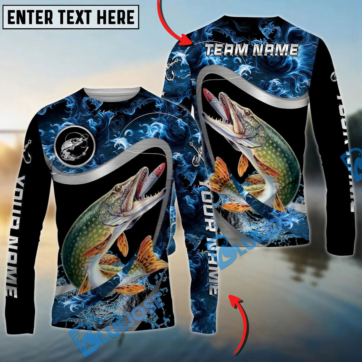 Bluejose Pike Fishing Ocean Wave Predator Custom Name &amp; Team Name 3D Shirts