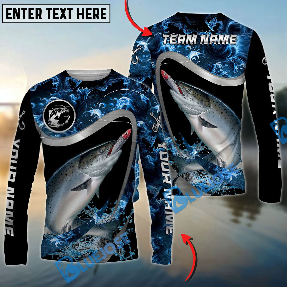 Bluejose Salmon Fishing Ocean Wave Predator Custom Name &amp; Team Name 3D Shirts