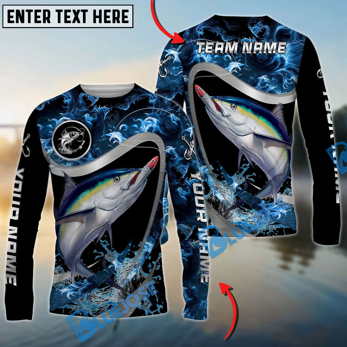 Bluejose Tuna Fishing Ocean Wave Predator Custom Name &amp; Team Name 3D Shirts